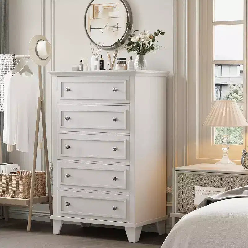 Grande commode blanche, commode 5 tiroirs pour chambre à coucher, meuble de rangement vintage pour placard, salon, couloir