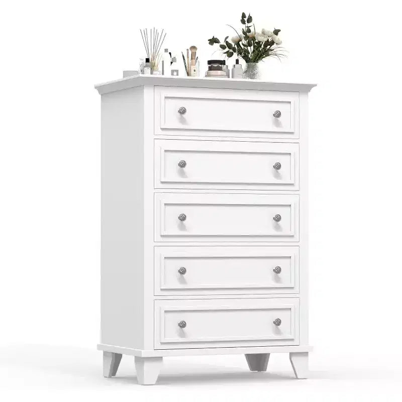Grande commode blanche, commode 5 tiroirs pour chambre à coucher, meuble de rangement vintage pour placard, salon, couloir