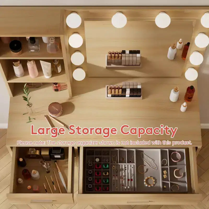 Table de coiffeuse avec miroir, prise électrique et 10 lumières, table de maquillage avec 3 tiroirs, 3 modes de couleurs disponibles pour la chambre à coucher