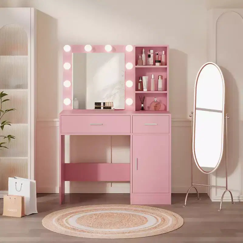 Table de coiffeuse avec miroir, prise électrique et 10 lumières, table de maquillage avec 3 tiroirs, 3 modes de couleurs disponibles pour la chambre à coucher