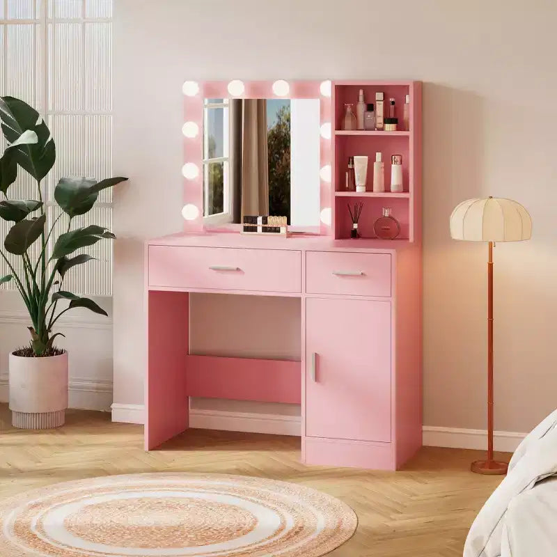 Table de coiffeuse avec miroir, prise électrique et 10 lumières, table de maquillage avec 3 tiroirs, 3 modes de couleurs disponibles pour la chambre à coucher