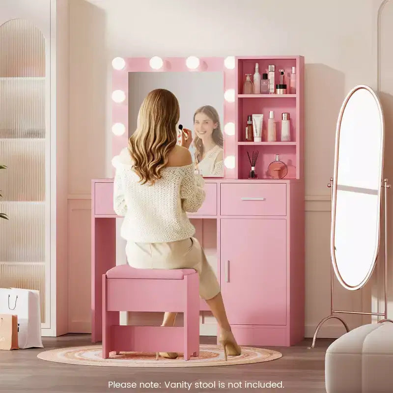 Table de coiffeuse avec miroir, prise électrique et 10 lumières, table de maquillage avec 3 tiroirs, 3 modes de couleurs disponibles pour la chambre à coucher