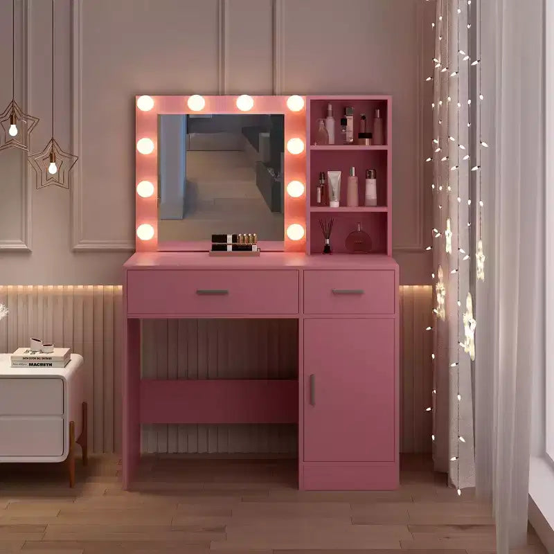 Table de coiffeuse avec miroir, prise électrique et 10 lumières, table de maquillage avec 3 tiroirs, 3 modes de couleurs disponibles pour la chambre à coucher