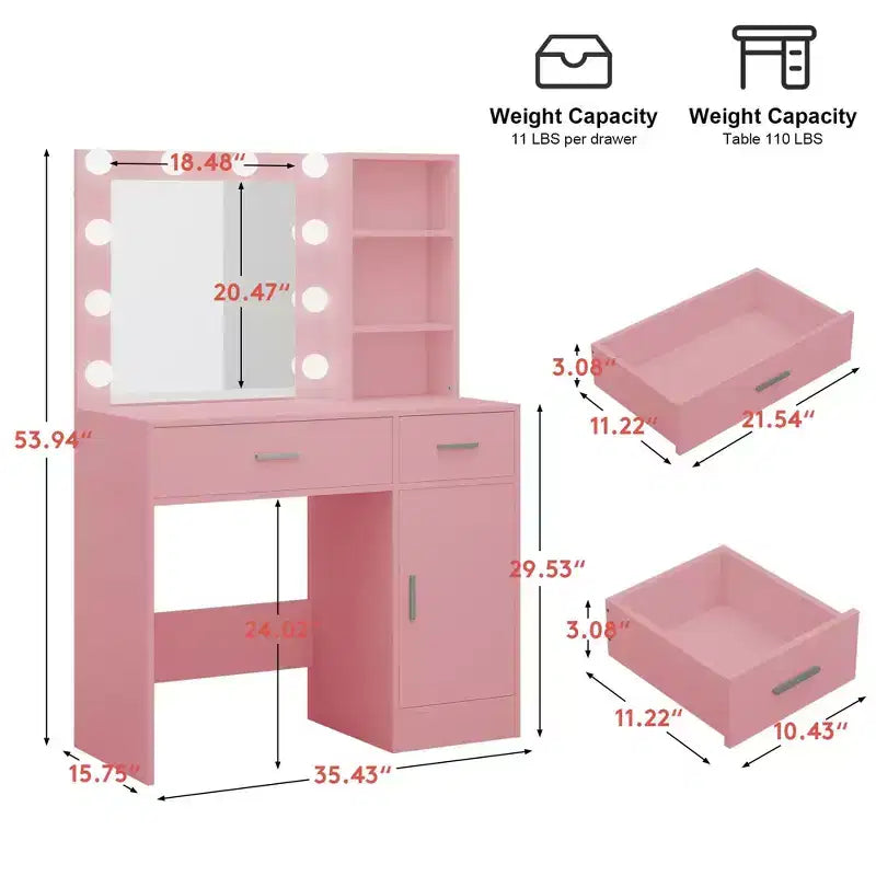 Table de coiffeuse avec miroir, prise électrique et 10 lumières, table de maquillage avec 3 tiroirs, 3 modes de couleurs disponibles pour la chambre à coucher