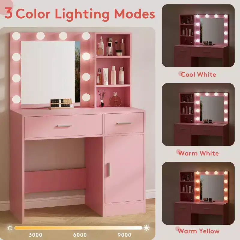 Table de coiffeuse avec miroir, prise électrique et 10 lumières, table de maquillage avec 3 tiroirs, 3 modes de couleurs disponibles pour la chambre à coucher