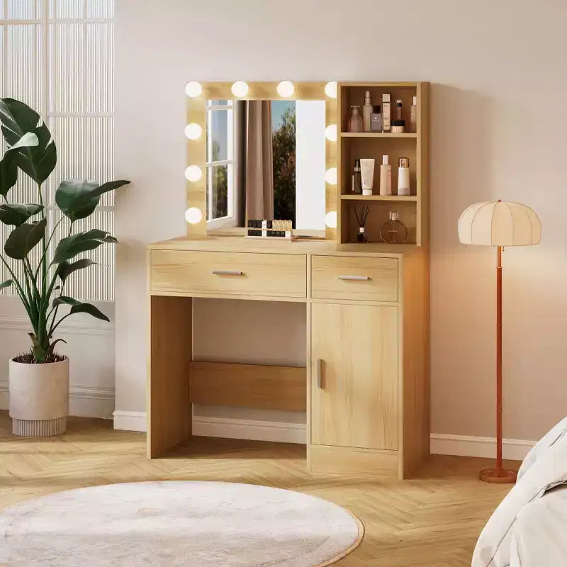 Table de coiffeuse avec miroir, prise électrique et 10 lumières, table de maquillage avec 3 tiroirs, 3 modes de couleurs disponibles pour la chambre à coucher