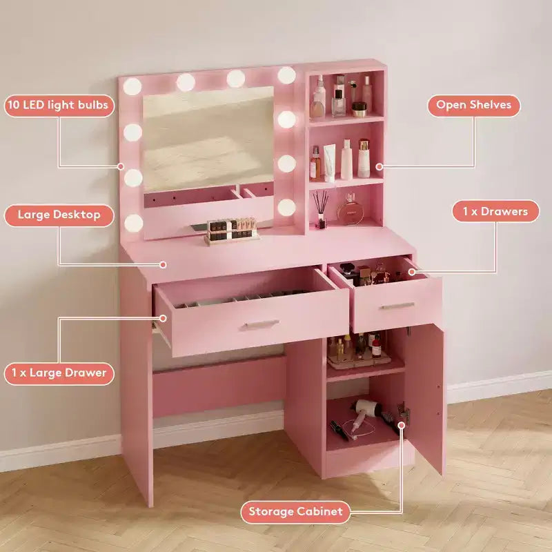 Table de coiffeuse avec miroir, prise électrique et 10 lumières, table de maquillage avec 3 tiroirs, 3 modes de couleurs disponibles pour la chambre à coucher