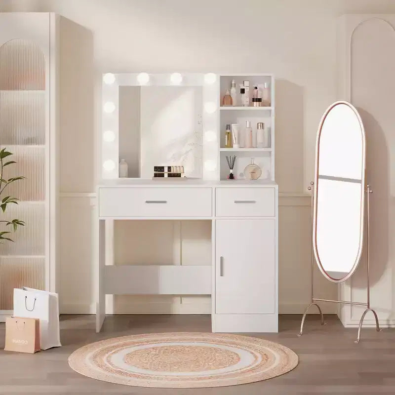 Table de coiffeuse avec miroir, prise électrique et 10 lumières, table de maquillage avec 3 tiroirs, 3 modes de couleurs disponibles pour la chambre à coucher