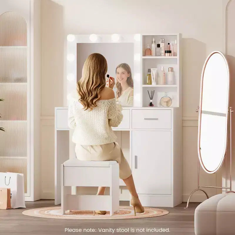 Table de coiffeuse avec miroir, prise électrique et 10 lumières, table de maquillage avec 3 tiroirs, 3 modes de couleurs disponibles pour la chambre à coucher