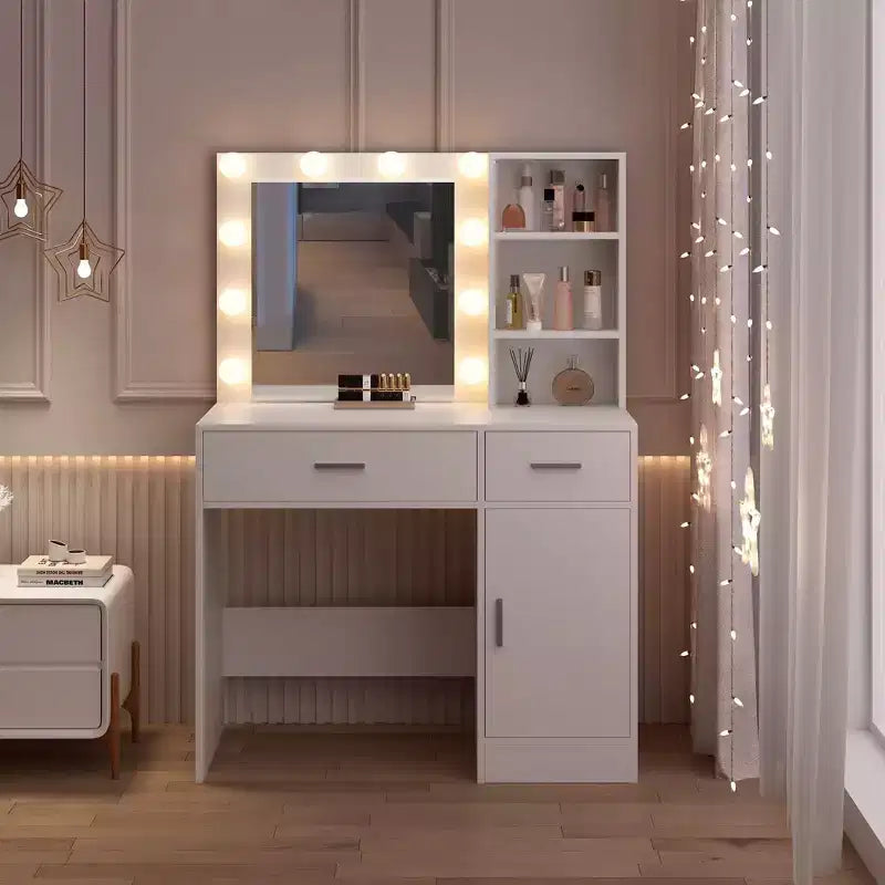 Table de coiffeuse avec miroir, prise électrique et 10 lumières, table de maquillage avec 3 tiroirs, 3 modes de couleurs disponibles pour la chambre à coucher
