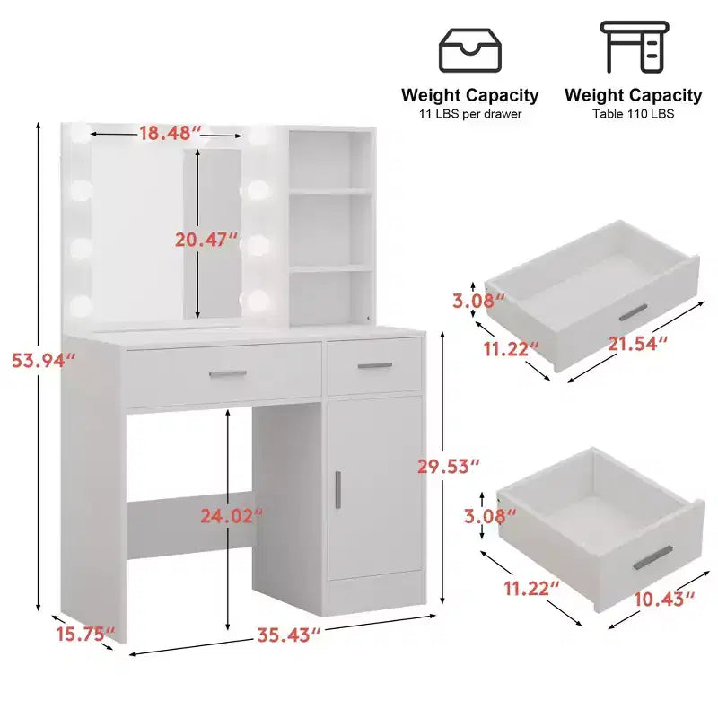 Table de coiffeuse avec miroir, prise électrique et 10 lumières, table de maquillage avec 3 tiroirs, 3 modes de couleurs disponibles pour la chambre à coucher