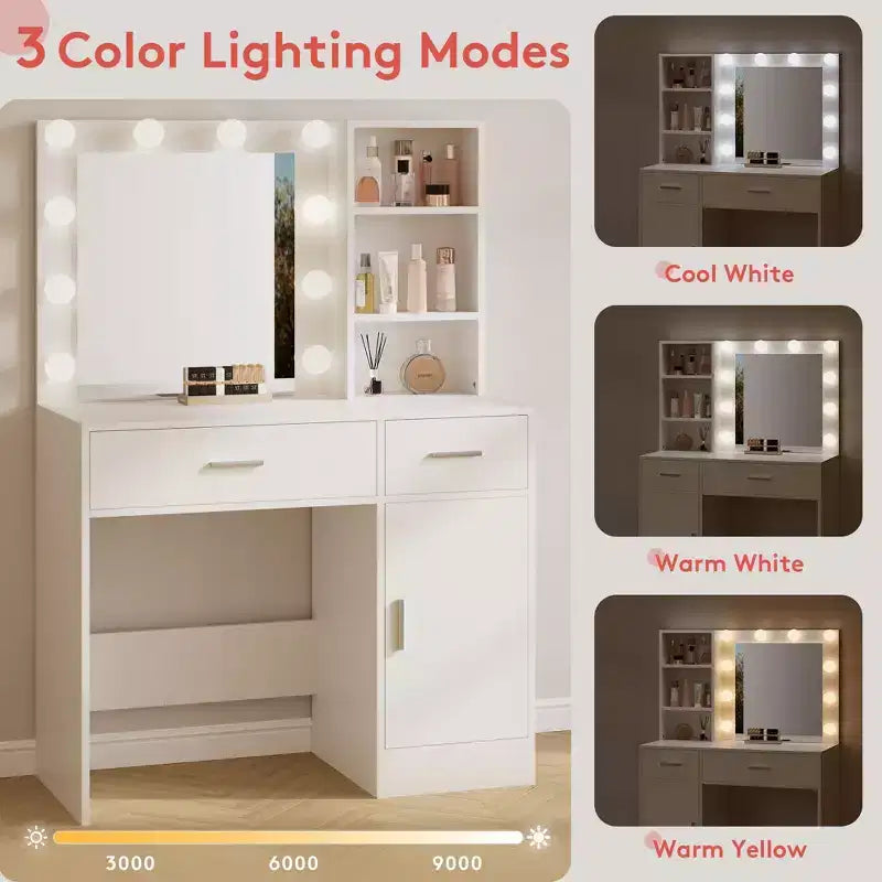 Table de coiffeuse avec miroir, prise électrique et 10 lumières, table de maquillage avec 3 tiroirs, 3 modes de couleurs disponibles pour la chambre à coucher