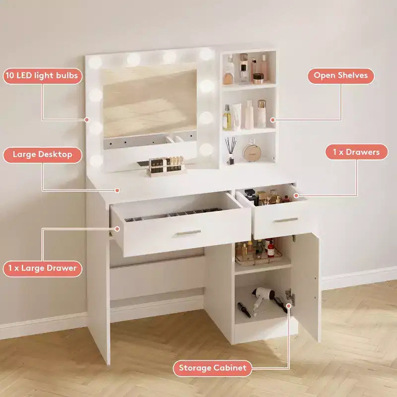 Table de coiffeuse avec miroir, prise électrique et 10 lumières, table de maquillage avec 3 tiroirs, 3 modes de couleurs disponibles pour la chambre à coucher