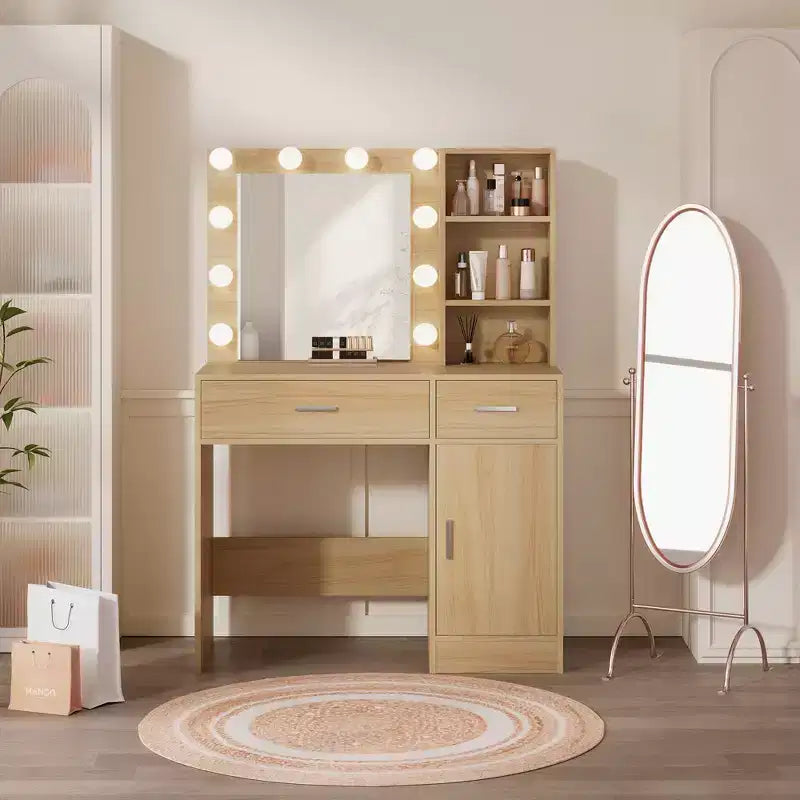 Table de coiffeuse avec miroir, prise électrique et 10 lumières, table de maquillage avec 3 tiroirs, 3 modes de couleurs disponibles pour la chambre à coucher
