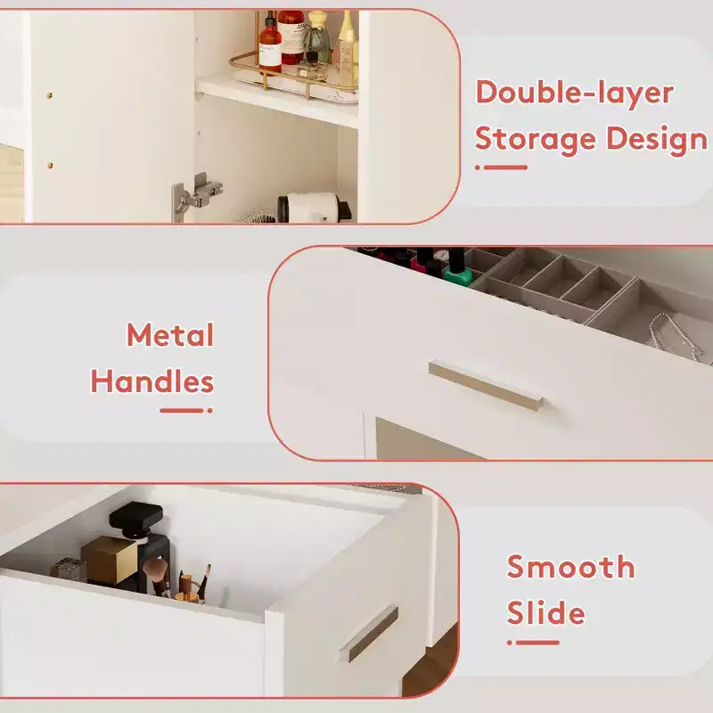 Table de coiffeuse avec miroir, prise électrique et 10 lumières, table de maquillage avec 3 tiroirs, 3 modes de couleurs disponibles pour la chambre à coucher
