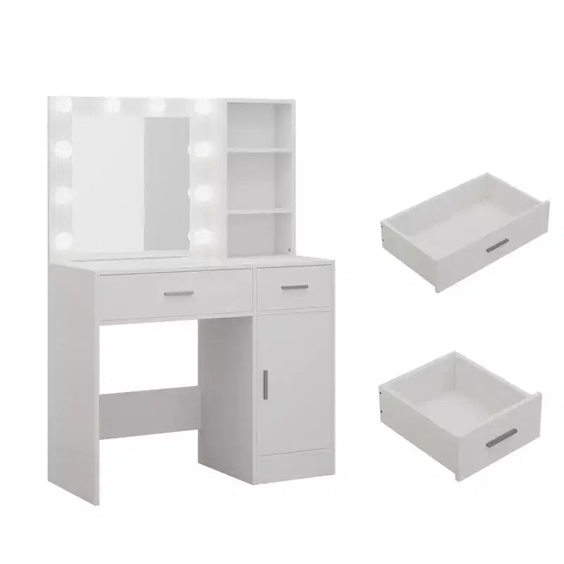 Table de coiffeuse avec miroir, prise électrique et 10 lumières, table de maquillage avec 3 tiroirs, 3 modes de couleurs disponibles pour la chambre à coucher