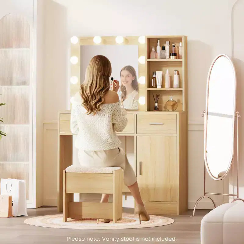 Table de coiffeuse avec miroir, prise électrique et 10 lumières, table de maquillage avec 3 tiroirs, 3 modes de couleurs disponibles pour la chambre à coucher
