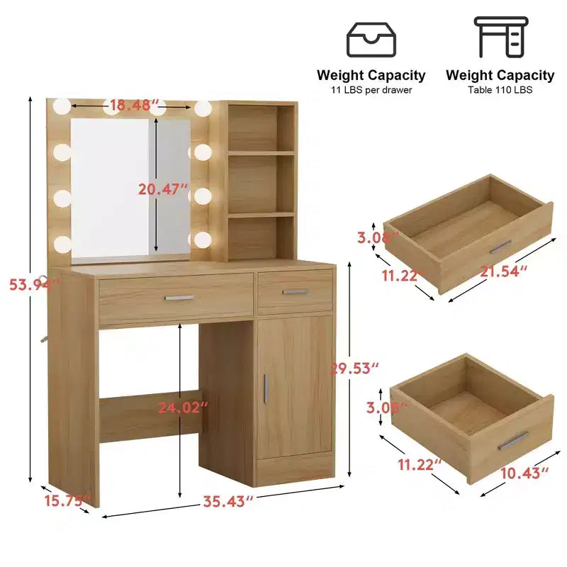 Table de coiffeuse avec miroir, prise électrique et 10 lumières, table de maquillage avec 3 tiroirs, 3 modes de couleurs disponibles pour la chambre à coucher