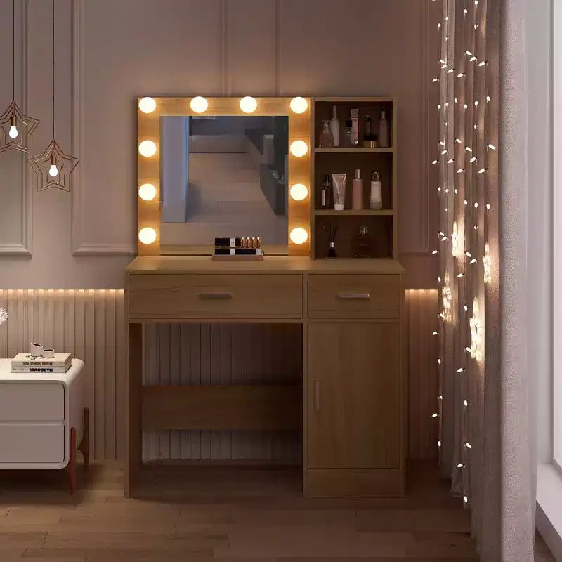 Table de coiffeuse avec miroir, prise électrique et 10 lumières, table de maquillage avec 3 tiroirs, 3 modes de couleurs disponibles pour la chambre à coucher