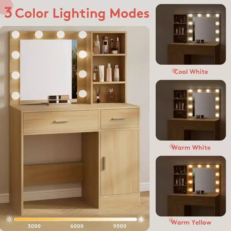 Table de coiffeuse avec miroir, prise électrique et 10 lumières, table de maquillage avec 3 tiroirs, 3 modes de couleurs disponibles pour la chambre à coucher