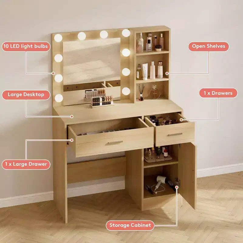 Table de coiffeuse avec miroir, prise électrique et 10 lumières, table de maquillage avec 3 tiroirs, 3 modes de couleurs disponibles pour la chambre à coucher