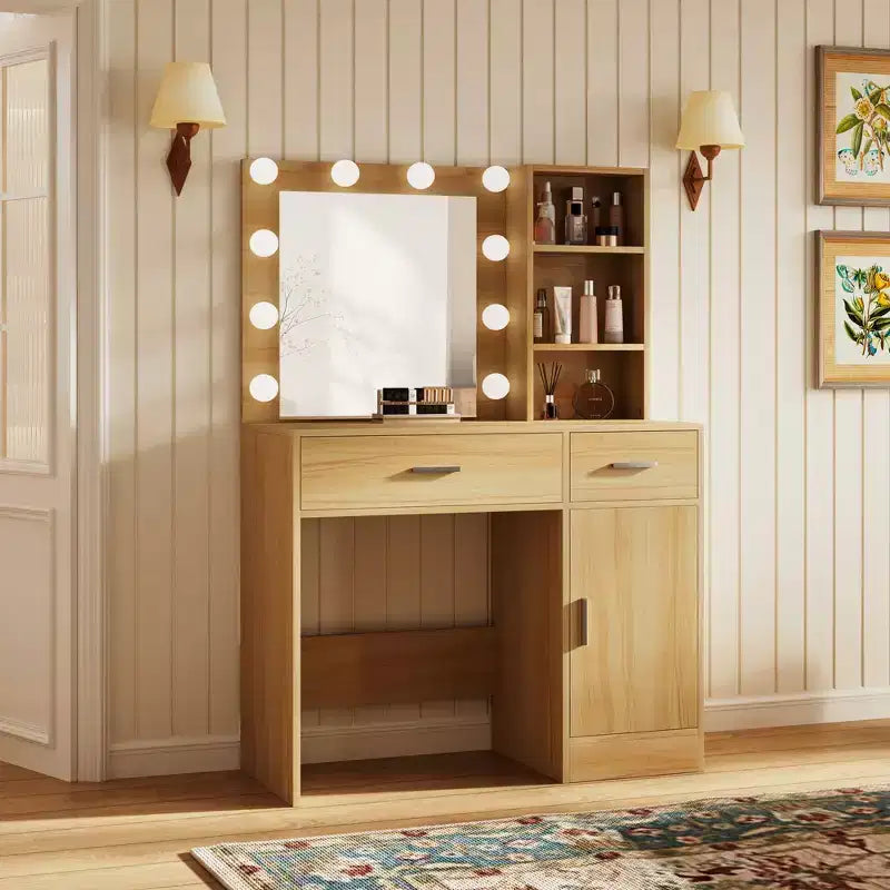 Table de coiffeuse avec miroir, prise électrique et 10 lumières, table de maquillage avec 3 tiroirs, 3 modes de couleurs disponibles pour la chambre à coucher
