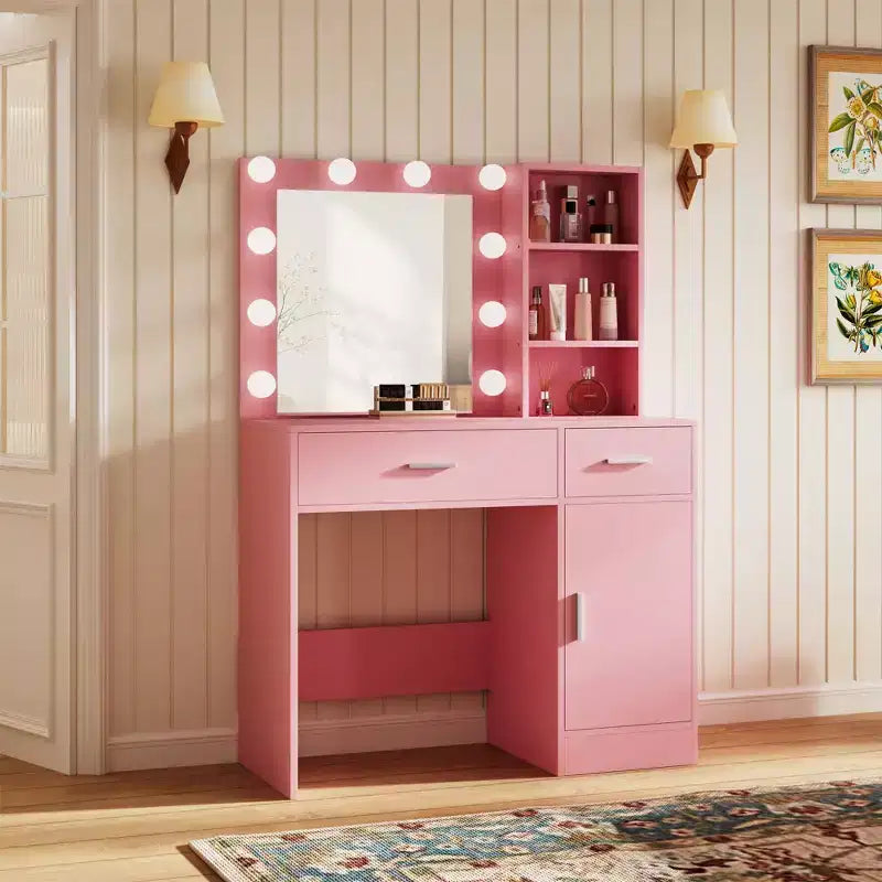 Table de coiffeuse avec miroir, prise électrique et 10 lumières, table de maquillage avec 3 tiroirs, 3 modes de couleurs disponibles pour la chambre à coucher