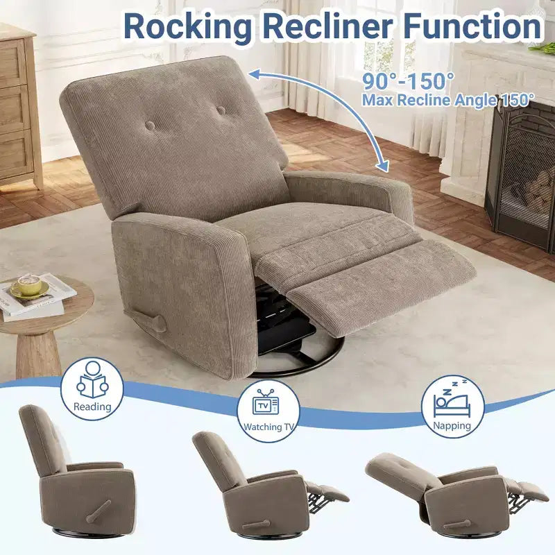 Fauteuil inclinable berçant 360° pour adultes, fauteuil à bascule pour chambre d'enfant, salon, chambre à coucher, bureau, lin