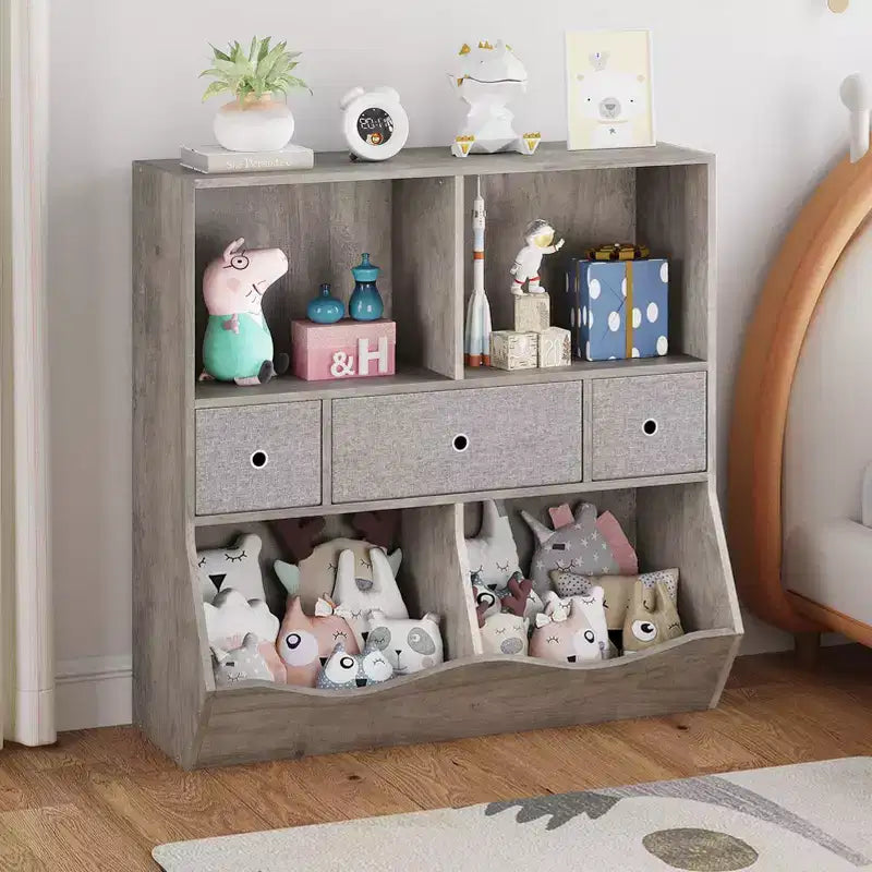 3-Tier Toy Storage Organizer with Drawers &amp; 4 Cubbies - Freestanding Kids Bookcase for Playroom, Nursery, Kindergarten