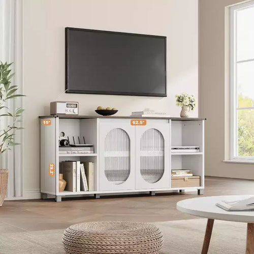 Meuble TV rustique 71 pouces, meuble de divertissement moderne avec portes vitrées ondulées, meuble TV ouvert, console média, pour salon, chambre à coucher