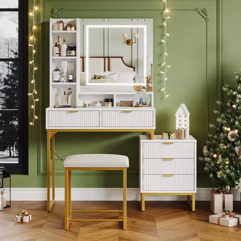 Makeup Vanity Desk with 3 Adjustable Lighting Colors, Dressing Table With Drawers &amp; Cushioned Stool