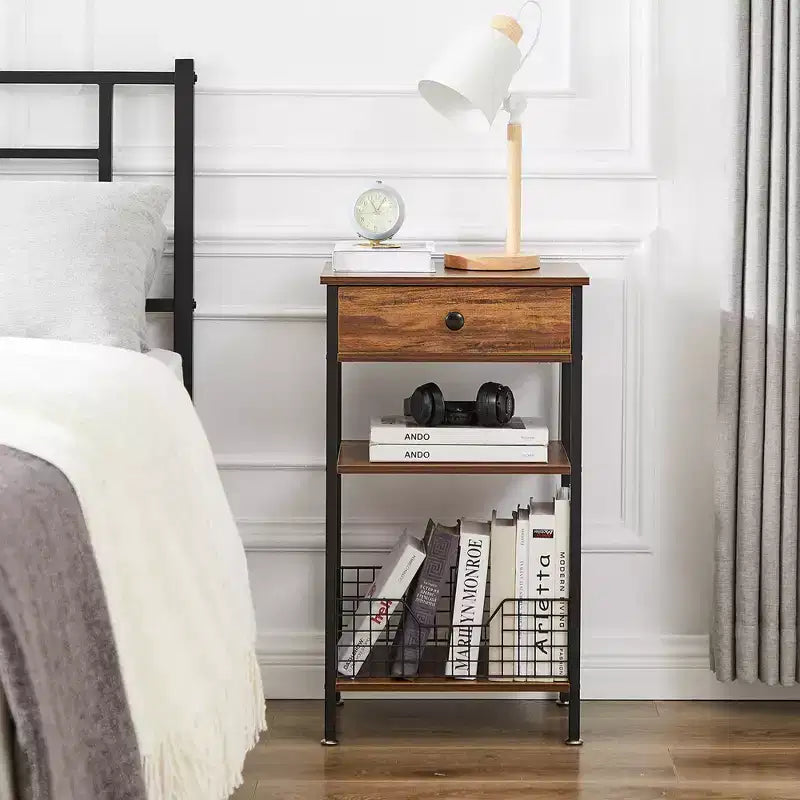 Table d'appoint haute, table de chevet de rangement avec panier métallique coulissant pour salon ou chambre à coucher, gris/marron
