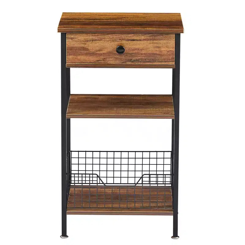Table d'appoint haute, table de chevet de rangement avec panier métallique coulissant pour salon ou chambre à coucher, gris/marron