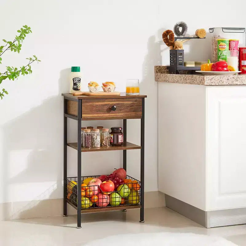 Table d'appoint haute, table de chevet de rangement avec panier métallique coulissant pour salon ou chambre à coucher, gris/marron