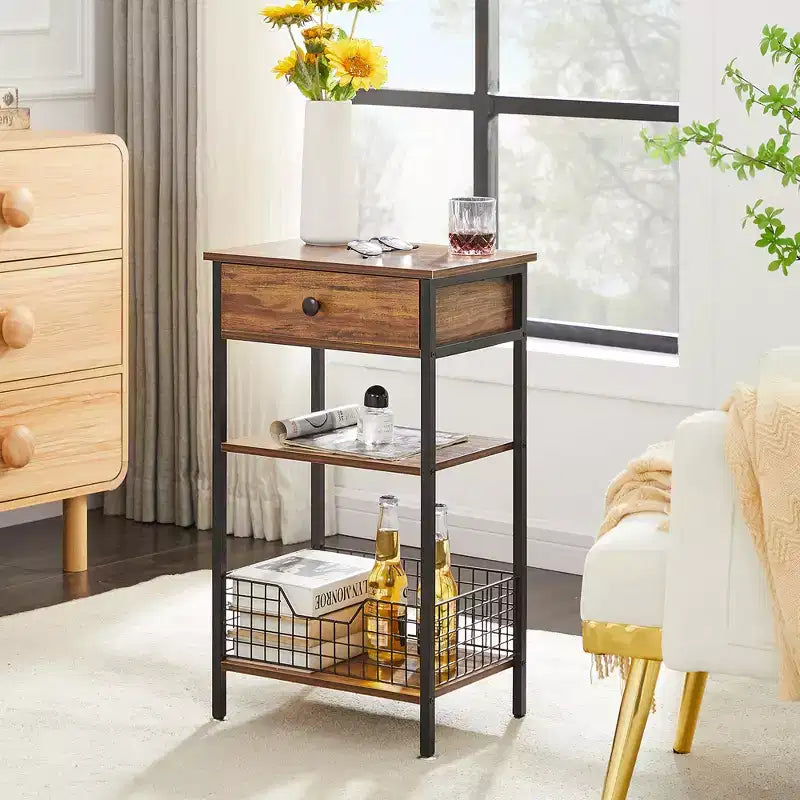 Table d'appoint haute, table de chevet de rangement avec panier métallique coulissant pour salon ou chambre à coucher, gris/marron