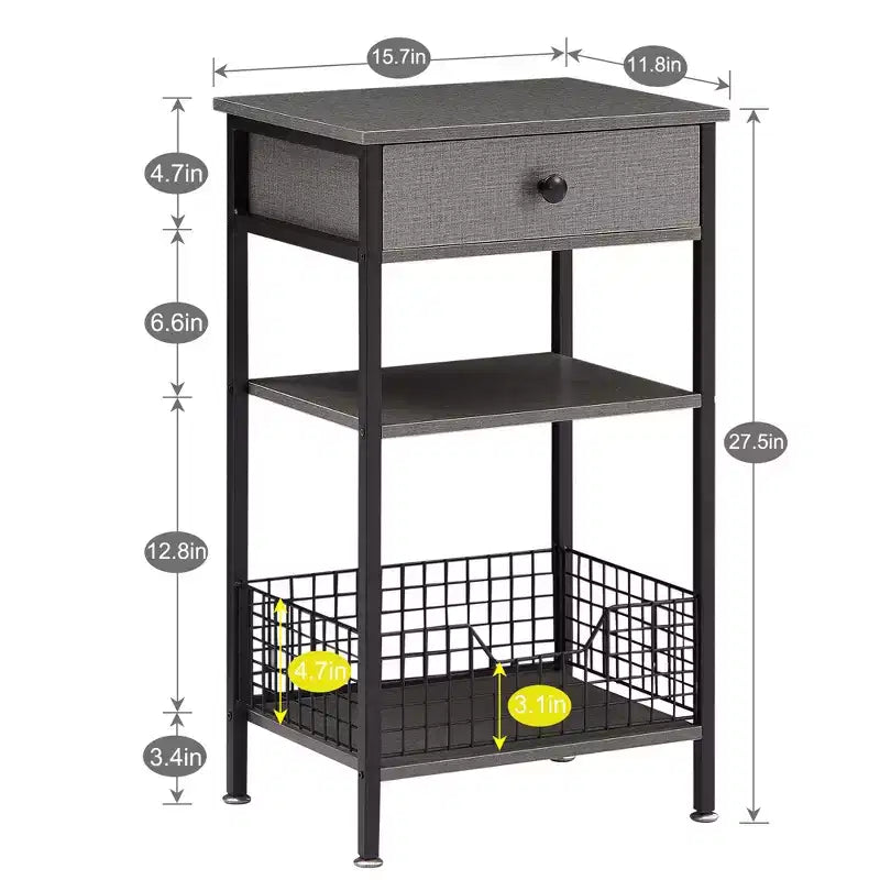 Table d'appoint haute, table de chevet de rangement avec panier métallique coulissant pour salon ou chambre à coucher, gris/marron
