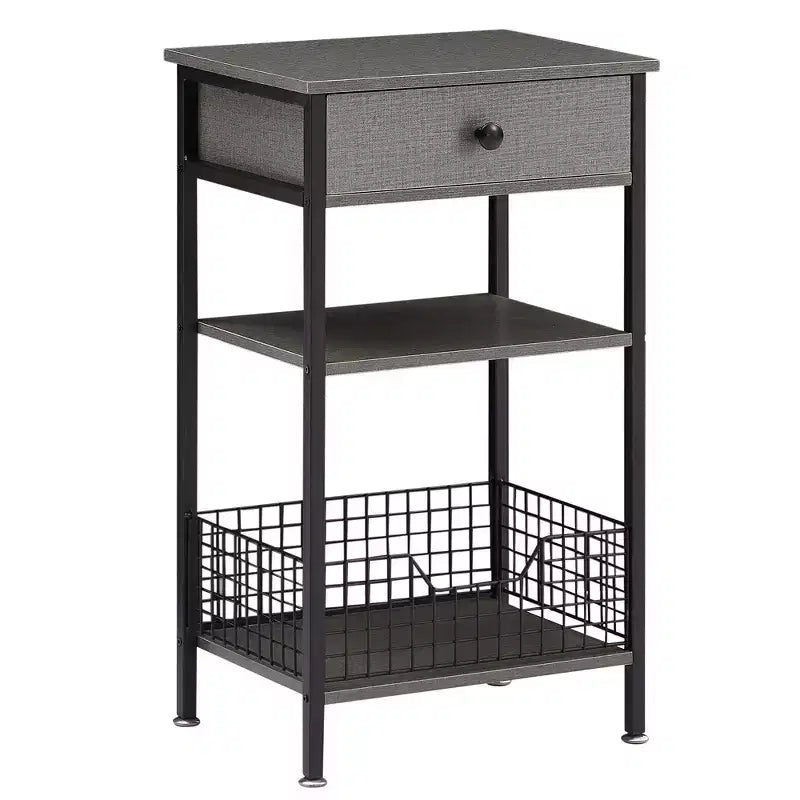 Table d'appoint haute, table de chevet de rangement avec panier métallique coulissant pour salon ou chambre à coucher, gris/marron