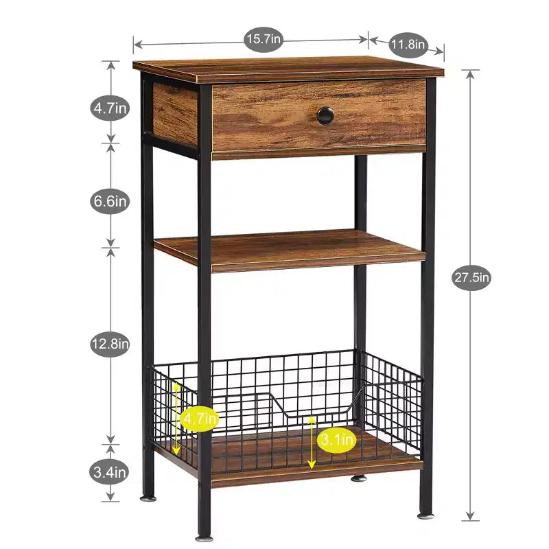 Table d'appoint haute, table de chevet de rangement avec panier métallique coulissant pour salon ou chambre à coucher, gris/marron