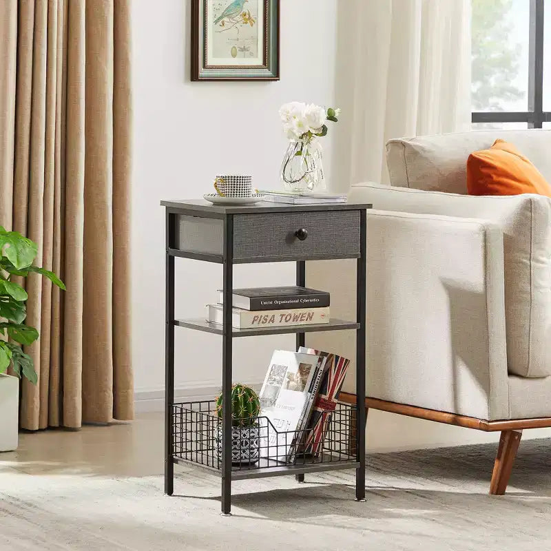 Table d'appoint haute, table de chevet de rangement avec panier métallique coulissant pour salon ou chambre à coucher, gris/marron