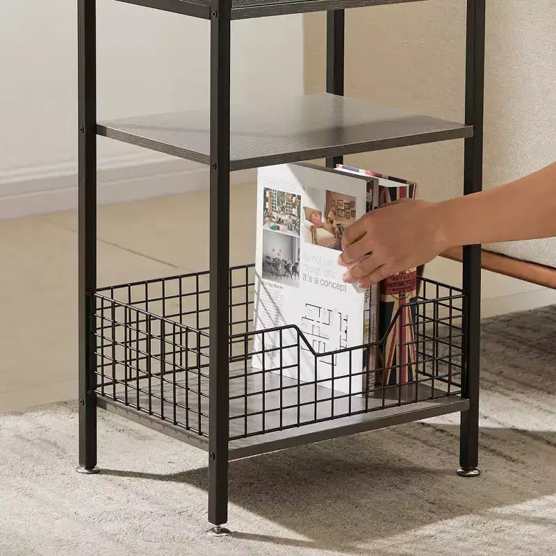 Table d'appoint haute, table de chevet de rangement avec panier métallique coulissant pour salon ou chambre à coucher, gris/marron