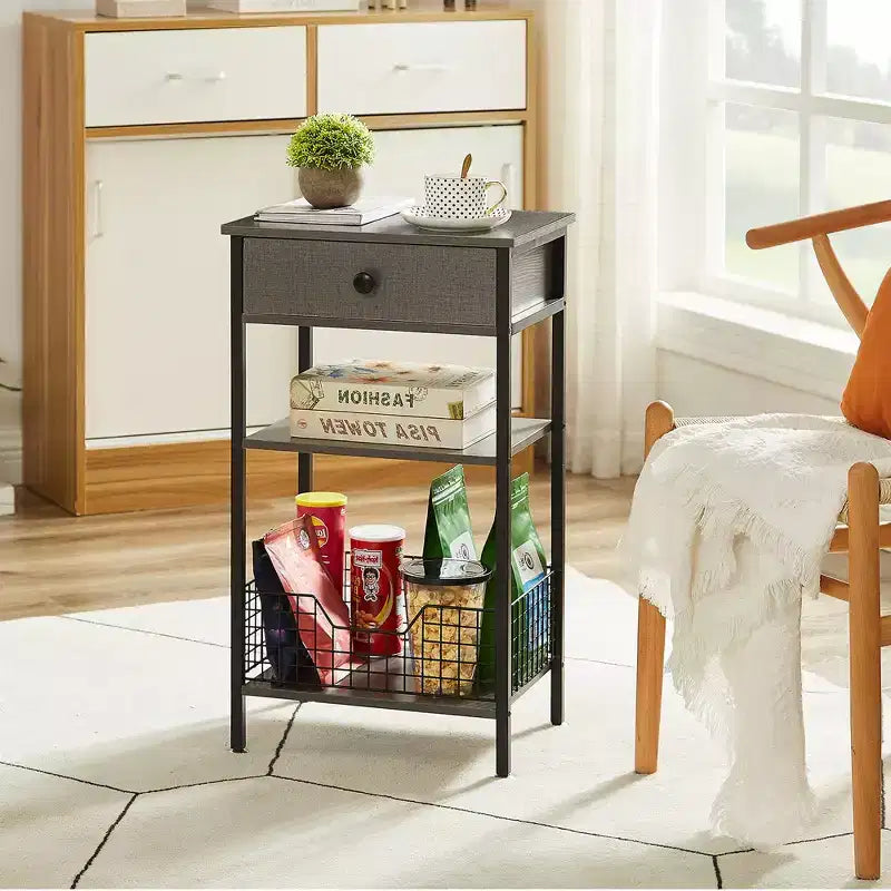 Table d'appoint haute, table de chevet de rangement avec panier métallique coulissant pour salon ou chambre à coucher, gris/marron