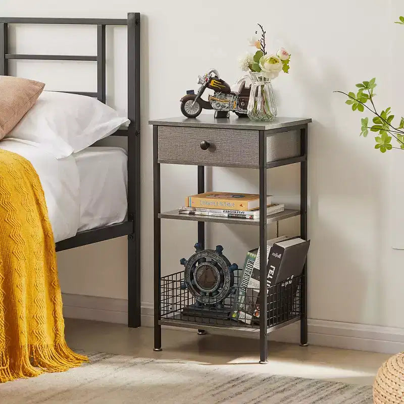 Table d'appoint haute, table de chevet de rangement avec panier métallique coulissant pour salon ou chambre à coucher, gris/marron