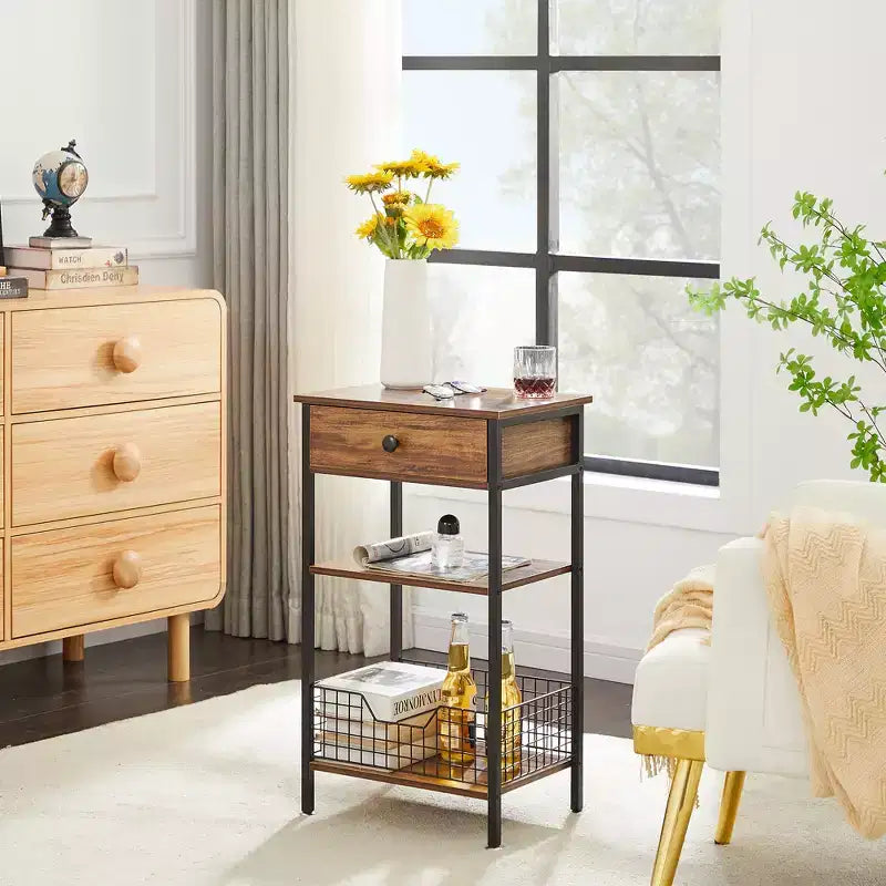 Table d'appoint haute, table de chevet de rangement avec panier métallique coulissant pour salon ou chambre à coucher, gris/marron