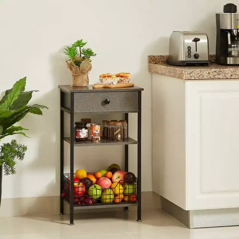 Table d'appoint haute, table de chevet de rangement avec panier métallique coulissant pour salon ou chambre à coucher, gris/marron