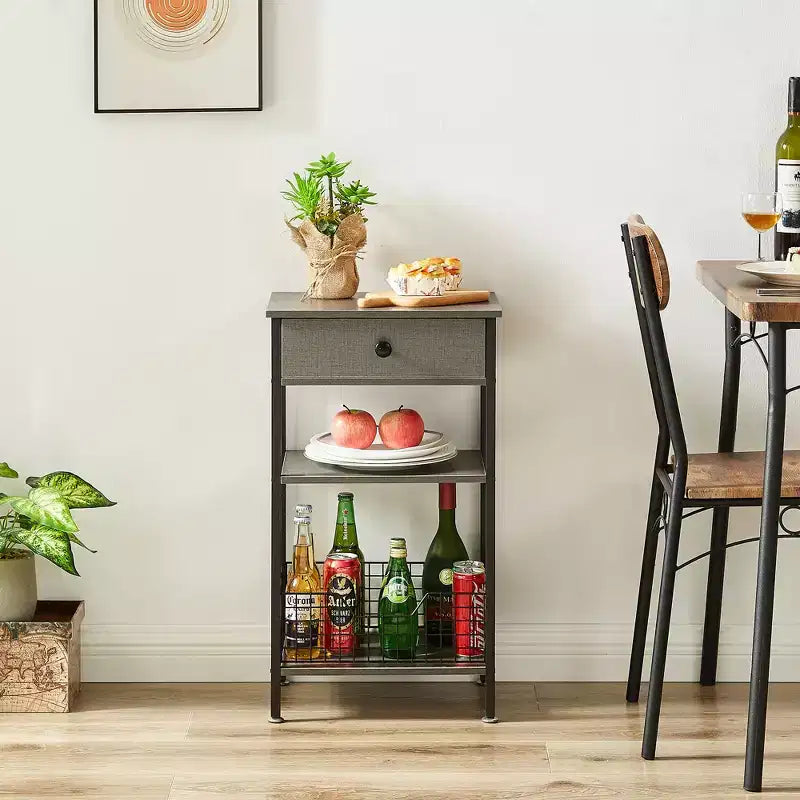 Table d'appoint haute, table de chevet de rangement avec panier métallique coulissant pour salon ou chambre à coucher, gris/marron