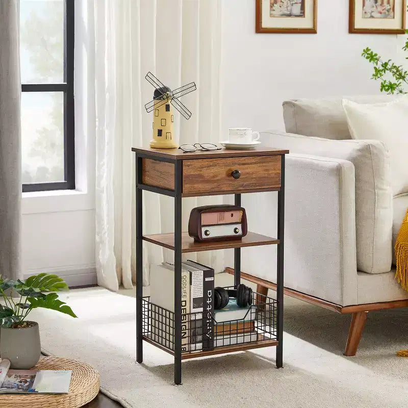 Table d'appoint haute, table de chevet de rangement avec panier métallique coulissant pour salon ou chambre à coucher, gris/marron