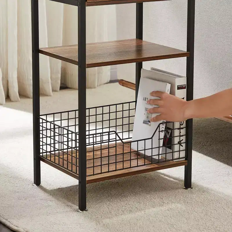 Table d'appoint haute, table de chevet de rangement avec panier métallique coulissant pour salon ou chambre à coucher, gris/marron