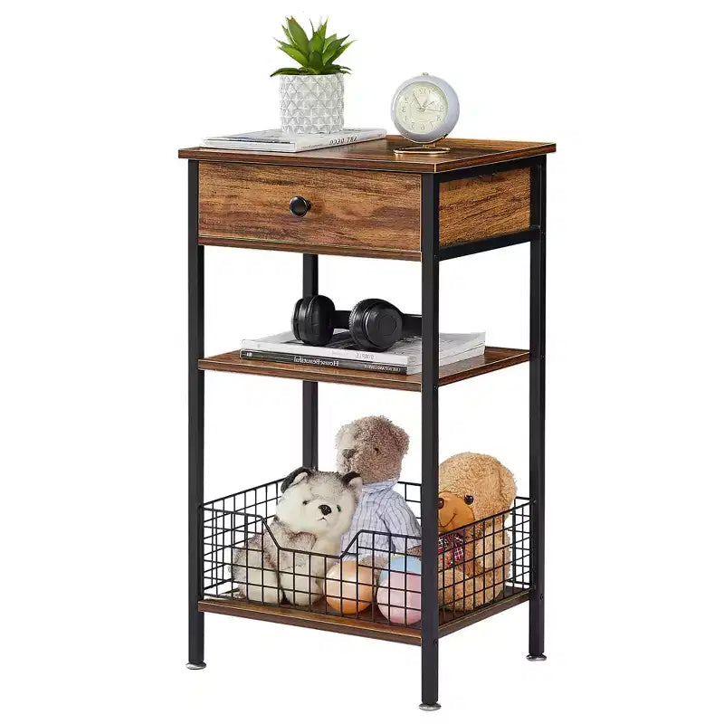 Table d'appoint haute, table de chevet de rangement avec panier métallique coulissant pour salon ou chambre à coucher, gris/marron