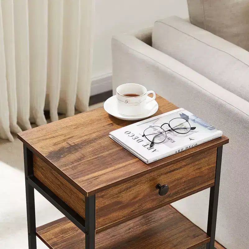 Table d'appoint haute, table de chevet de rangement avec panier métallique coulissant pour salon ou chambre à coucher, gris/marron