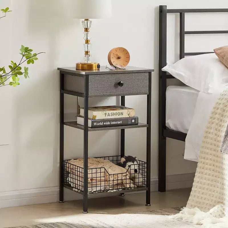 Table d'appoint haute, table de chevet de rangement avec panier métallique coulissant pour salon ou chambre à coucher, gris/marron